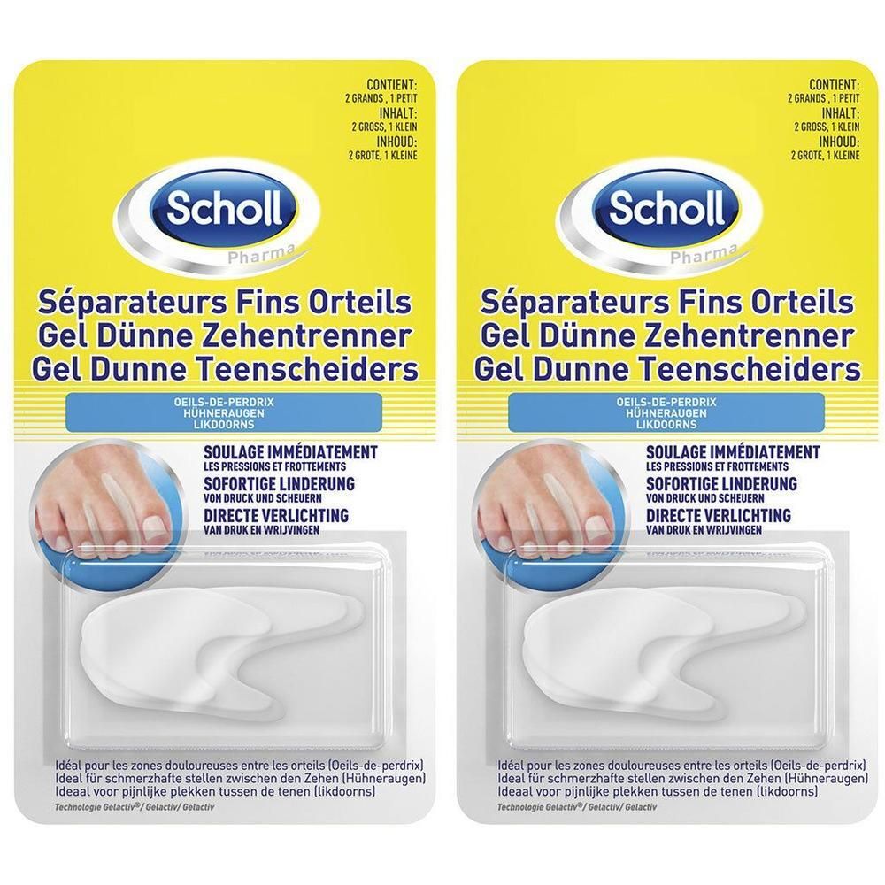 Deux emballages de séparateurs d'orteils Scholl Pharma. Séparateurs en gel blanc dans un emballage plastique. Texte: Séparateurs Fins Orteils.