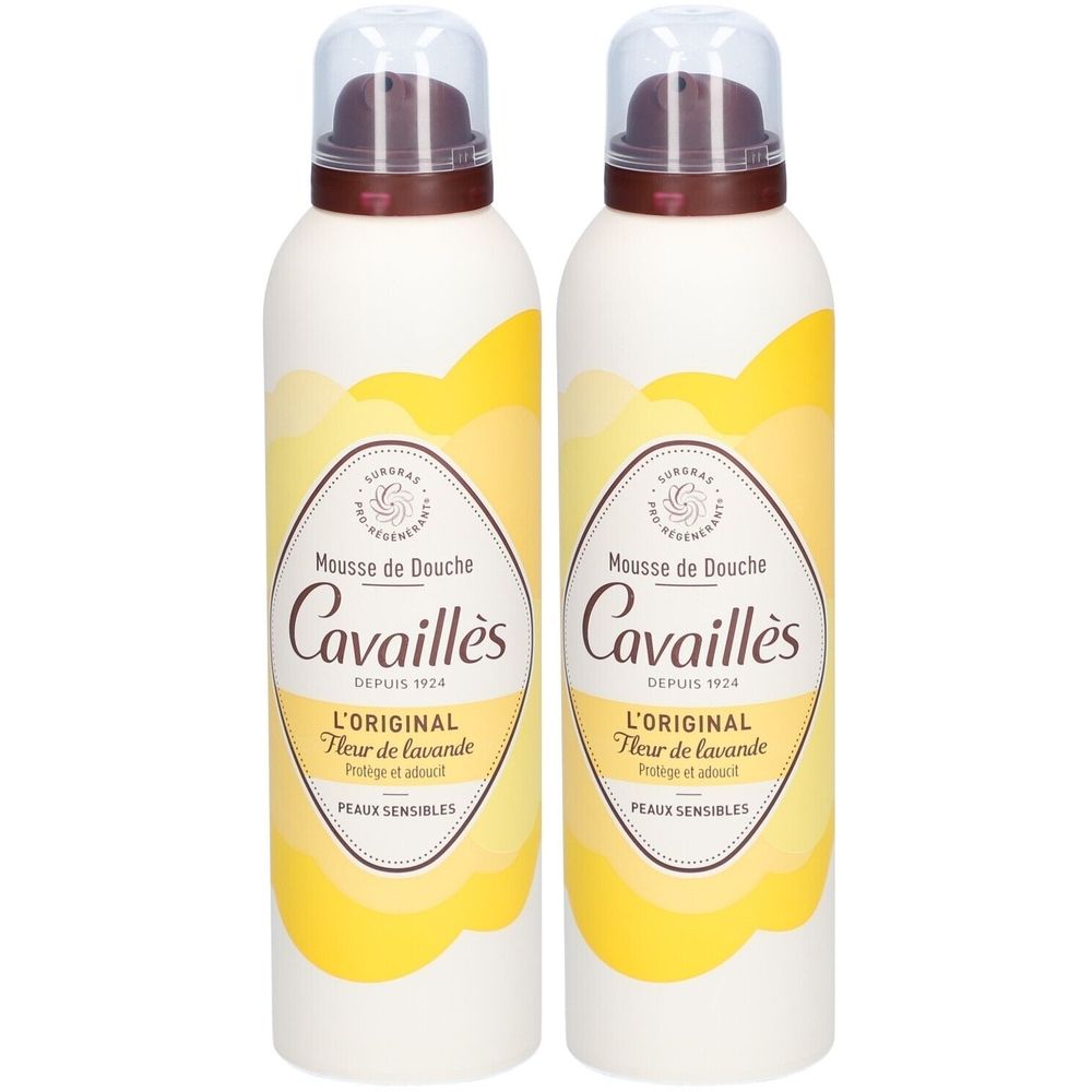 Deux flacons de Rogé Cavaillès Mousse de Douche. Blanc, graphisme jaune, tête de pulvérisation marron. Texte: L'Original Fleur de lavande.