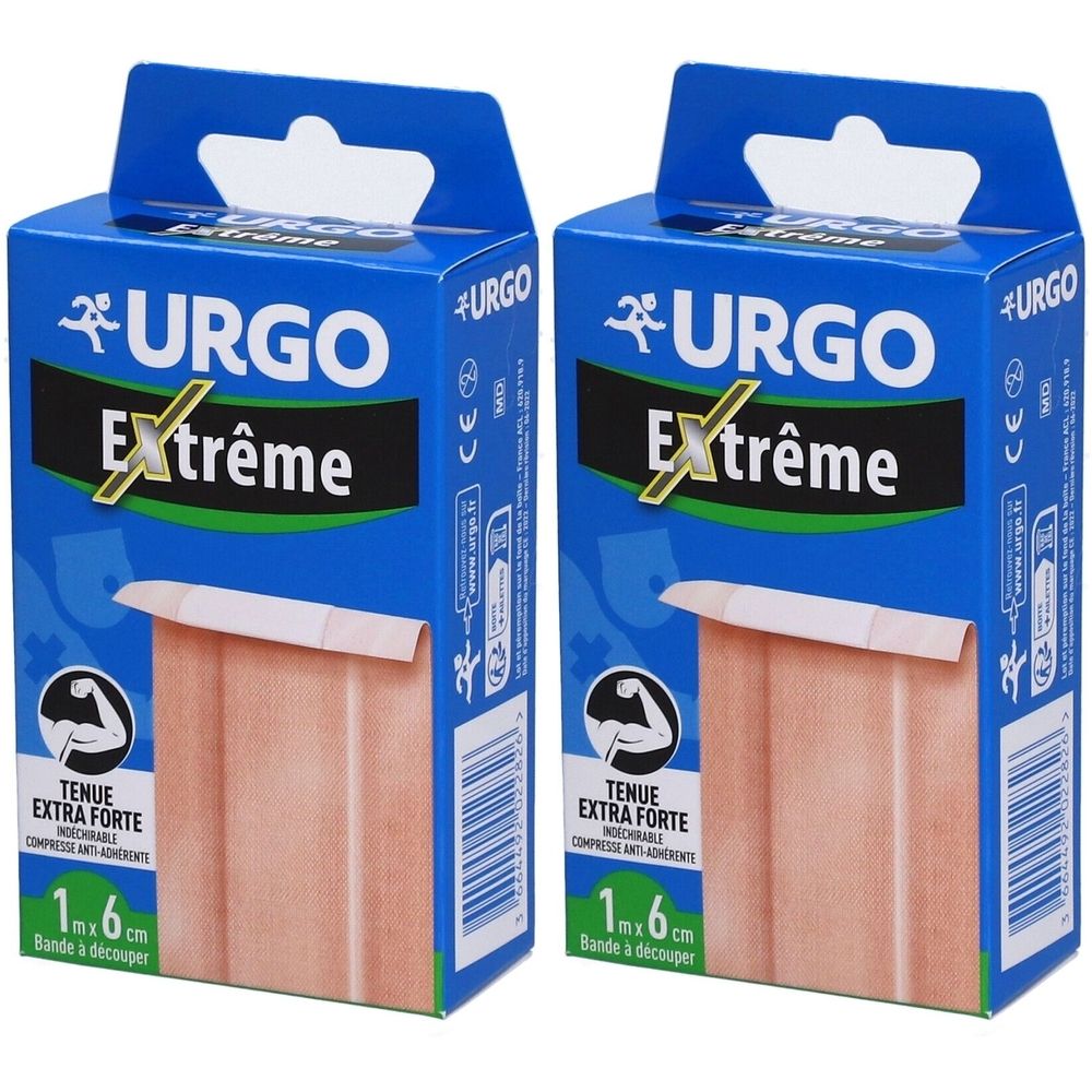 Deux boîtes bleues URGO Extrême. Inscription: TENUE EXTRA FORTE, 1x6 cm. Marquage CE.