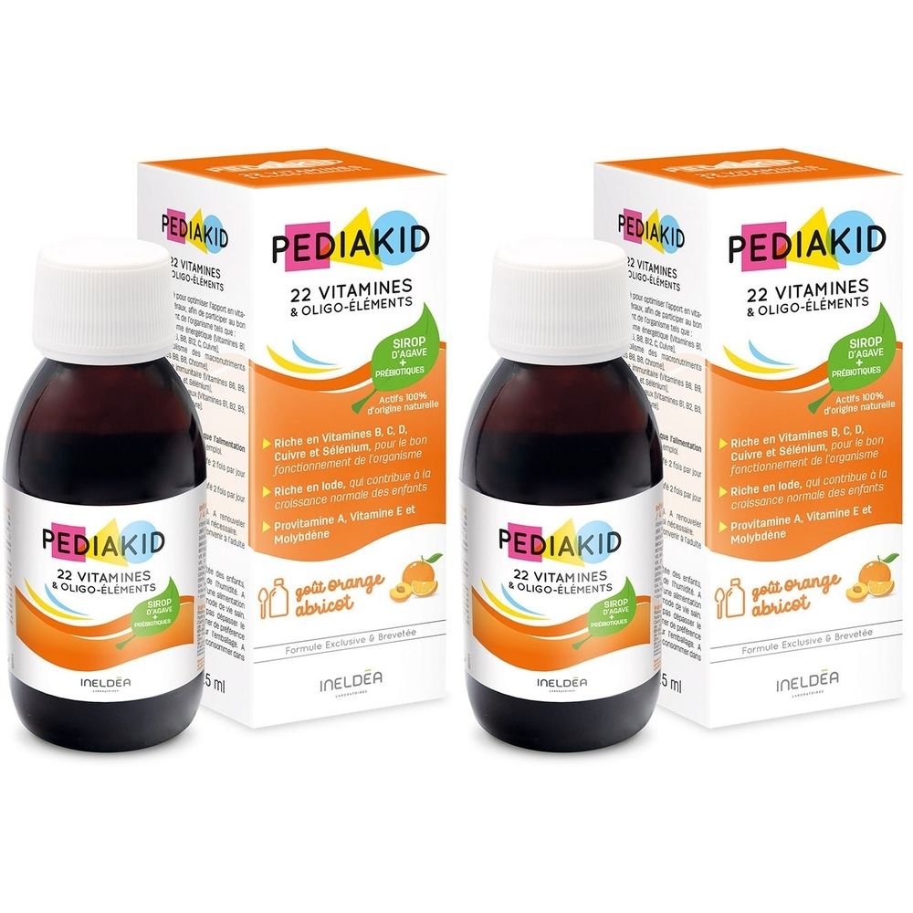 Deux flacons et boîtes PEDIAKID. Inscription : 22 vitamines & oligo-éléments. Design orange.