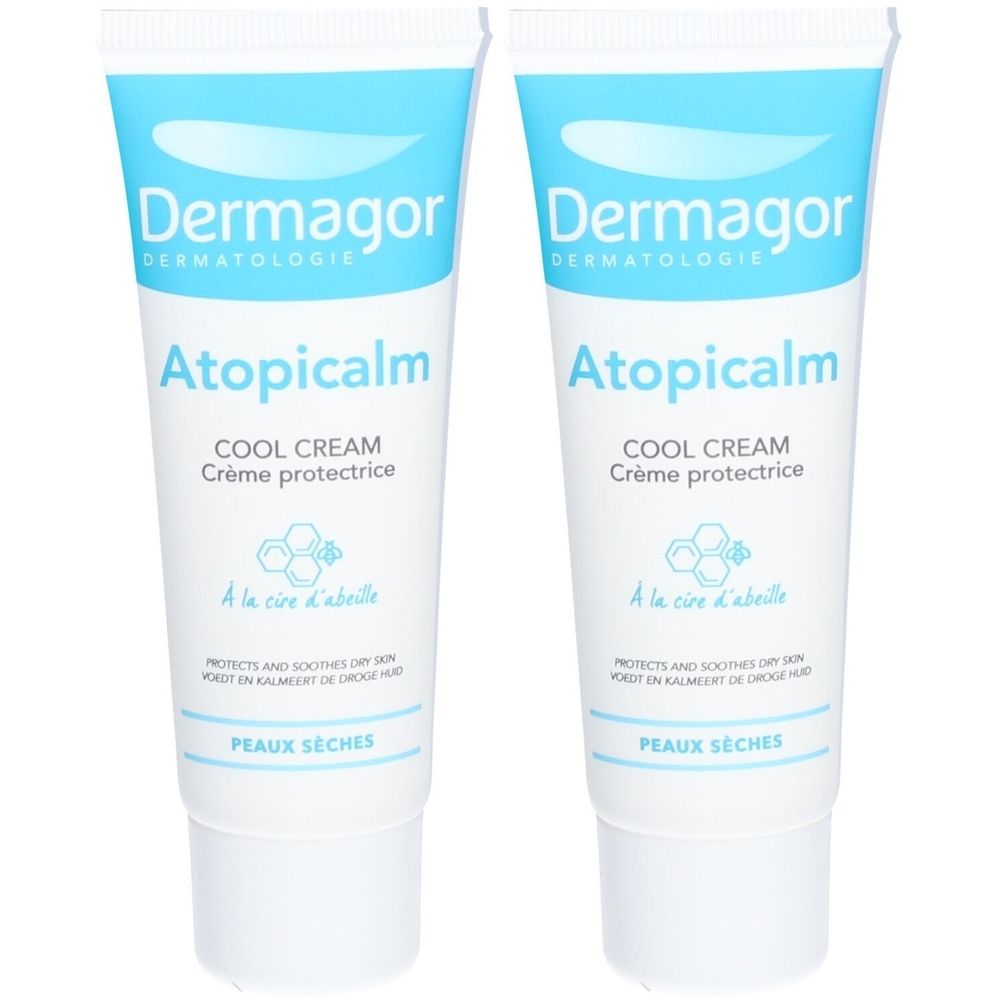 Deux tubes de crème. Inscription: Dermagor, Atopicalm, Cool Cream, Crème protectrice. Emballage bleu et blanc.