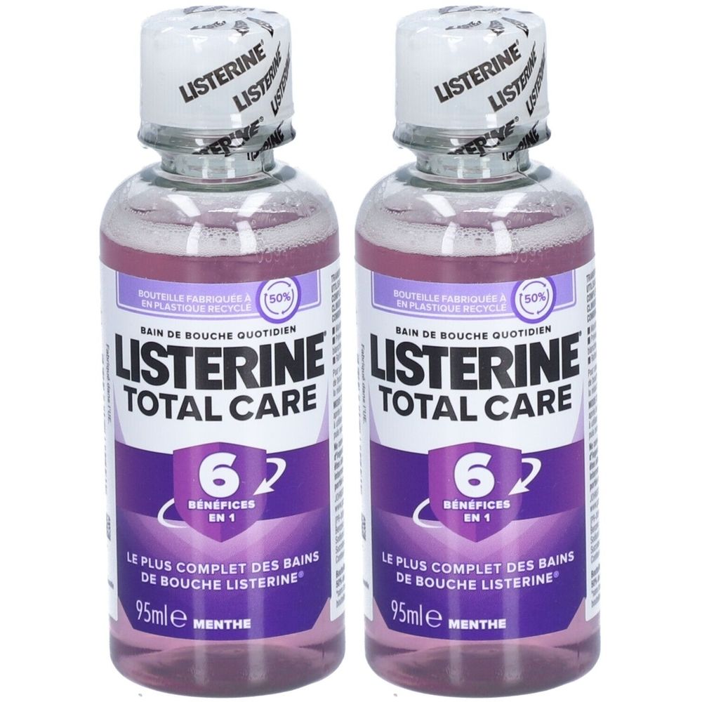 Deux flacons de bain de bouche Listerine Total Care. Contient 6 bénéfices. Flacons en plastique recyclé. Menthe.
