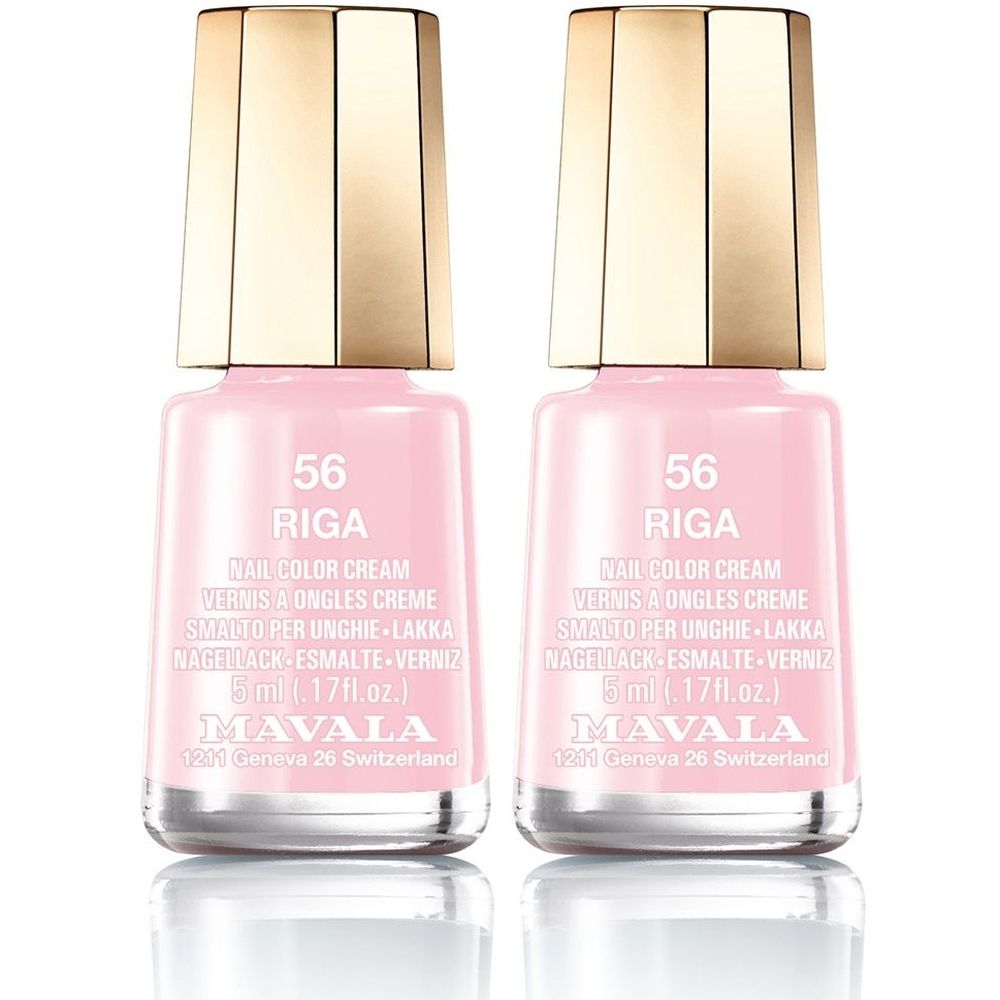 Deux flacons de vernis à ongles roses, bouchons dorés. Inscription : 56 RIGA, MAVALA. 5 ml.