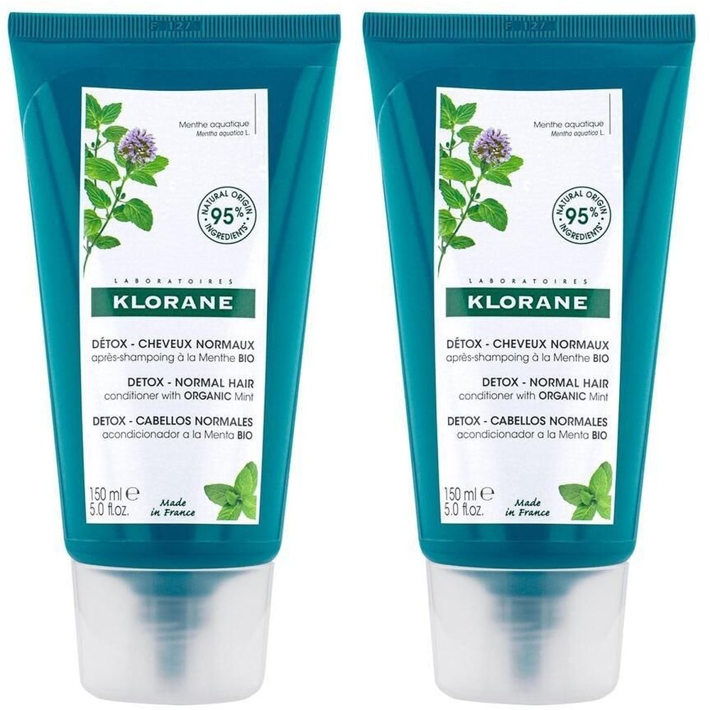 Deux tubes verts. KLORANE, DETOX et un logo 95% ingrédients naturels. Textes en français, anglais et espagnol. Menthe aquatique.