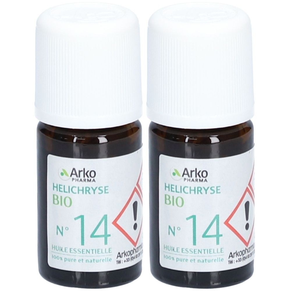 Deux flacons en verre brun avec bouchons blancs. Étiquettes : "Arko Pharma Hélichryse Bio N°14".