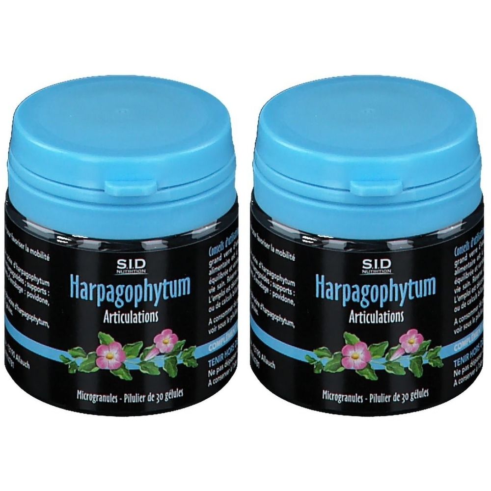 Deux boîtes noires avec couvercles bleus. Inscription: SID Harpagophytum Articulations. Design floral. Contient 30 microgranules.