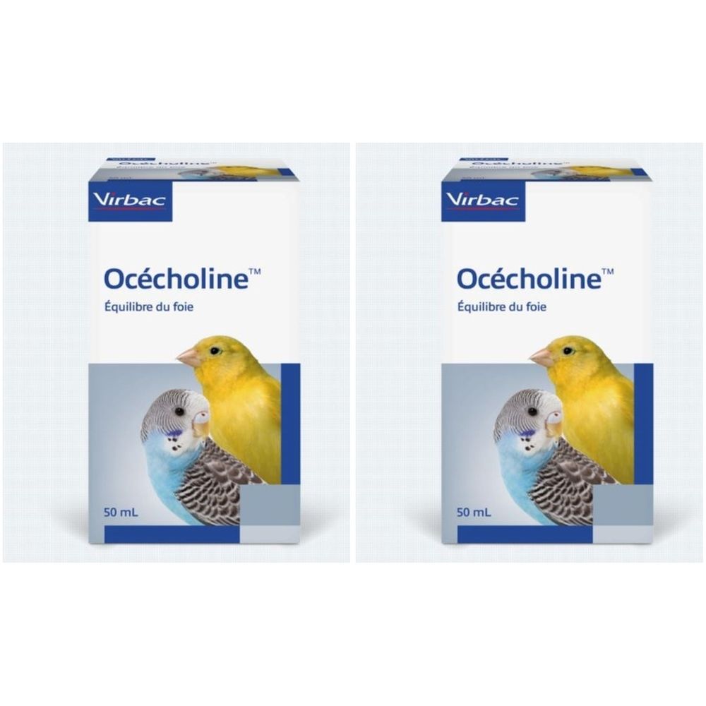 Deux boîtes identiques Océcholine. Marque Virbac, image de deux oiseaux, 50 ml. Équilibre du foie.
