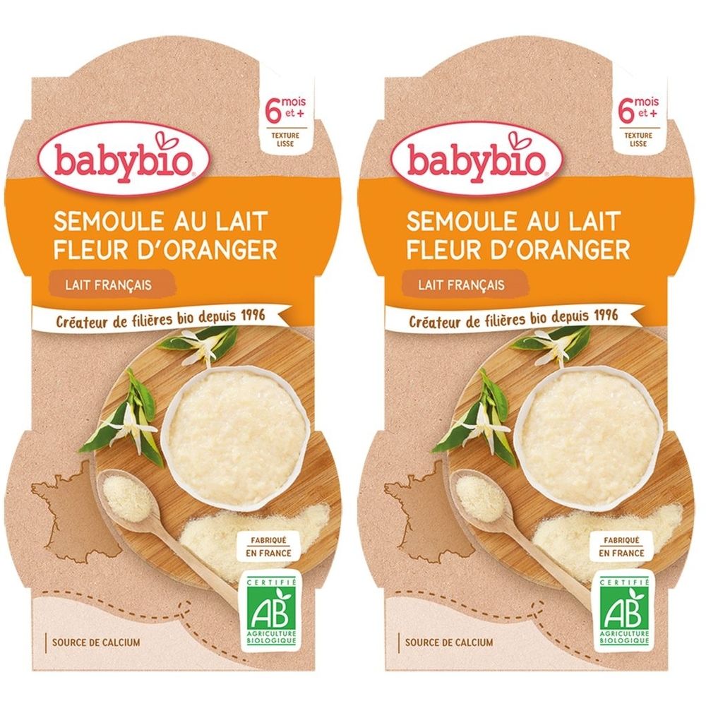 Deux emballages Babybio Semoule au Lait Fleur d'Oranger. Certifié bio, dès 6 mois.
