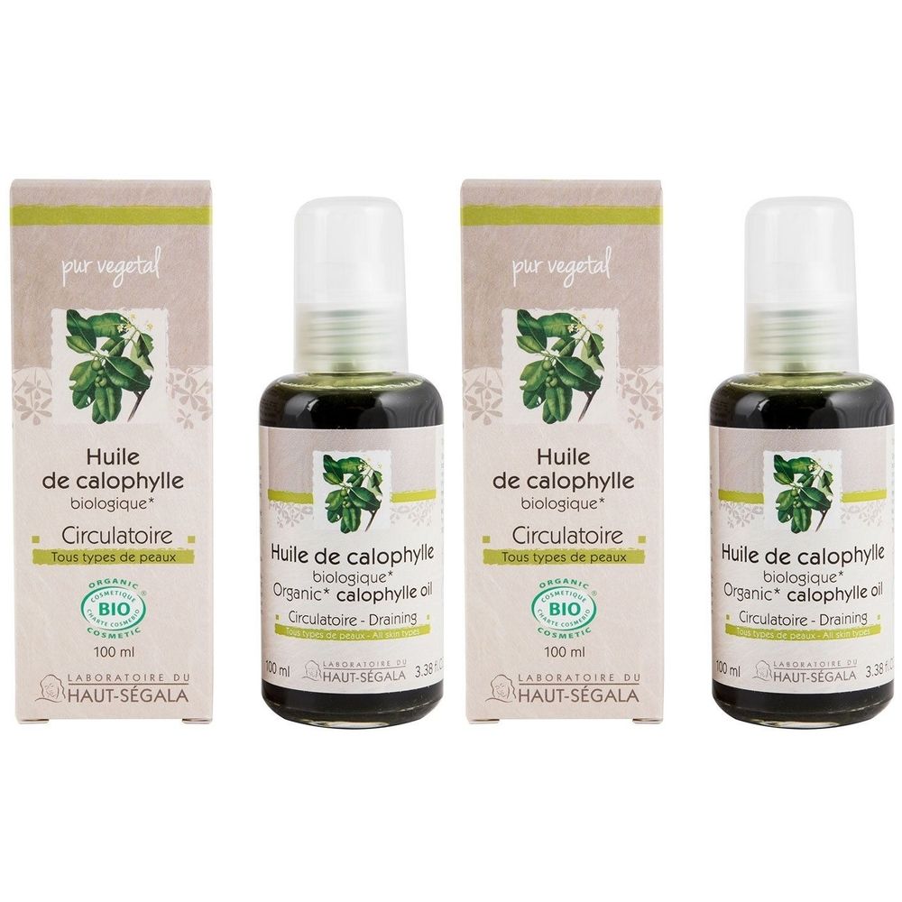 Trois flacons et emballages. Inscription: Huile de calophylle biologique, Circulatoire, certification BIO. Laboratoire du Haut-Ségala.