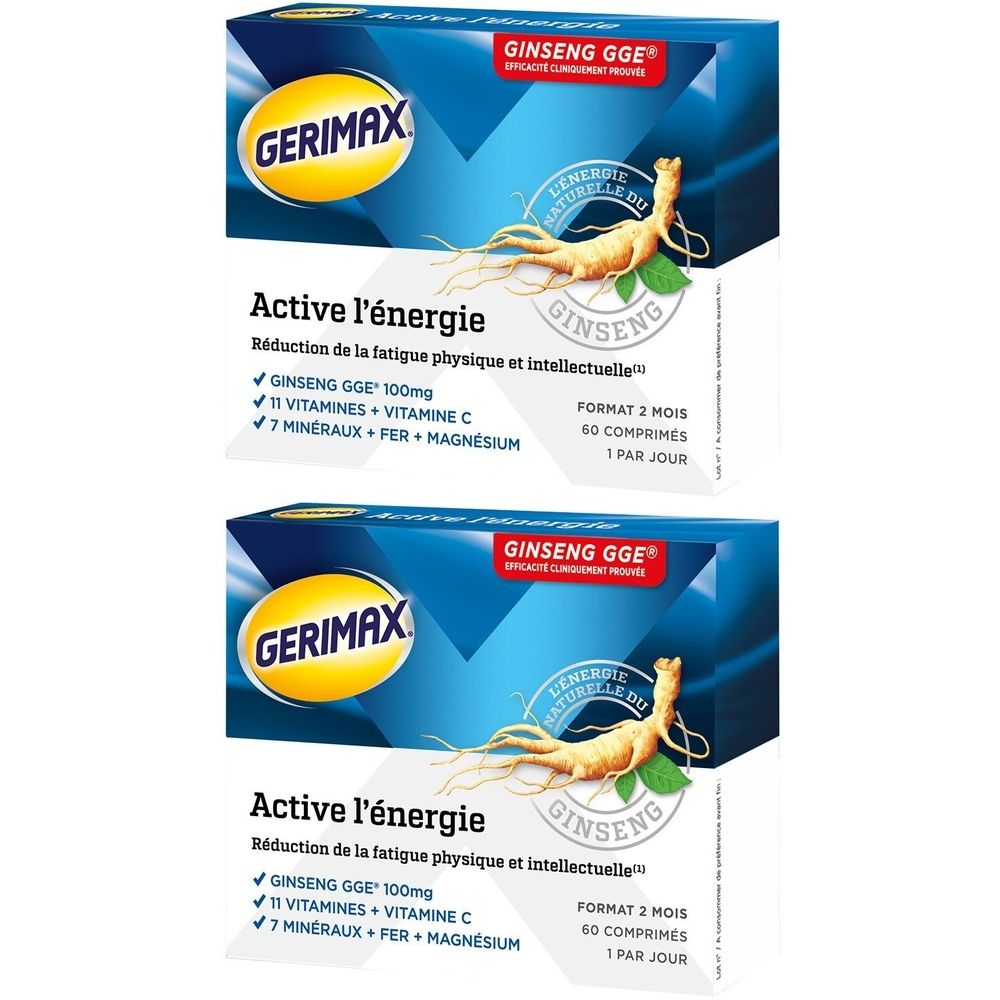 Deux boîtes de Gerimax Active l'Énergie. Emballage bleu et blanc avec nom du produit et ingrédients. Illustration de ginseng.