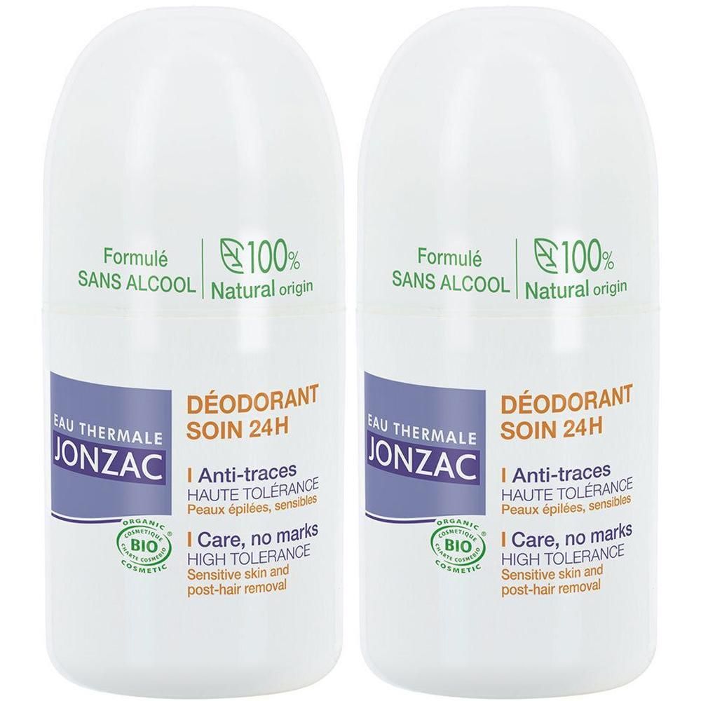 Deux déodorants roll-on blancs. Inscriptions : EAU THERMALE JONZAC, DÉODORANT SOIN 24H, Anti-traces, Haute TOLERANCE, Care, no marks. Label Bio.