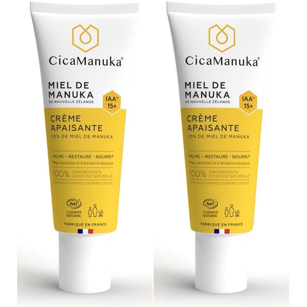 Deux tubes de Crème Apaisante CicaManuka. Tubes blancs avec étiquette jaune. Texte: Miel de Manuka, Crème Apaisante, 20% Miel de Manuka.