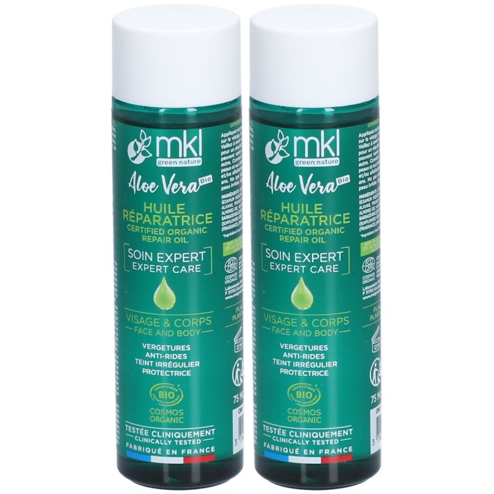 Deux flacons de MKL Huile Réparatrice Aloe Vera. Étiquettes vertes et blanches avec texte et logo. Certification bio. Visage et corps.