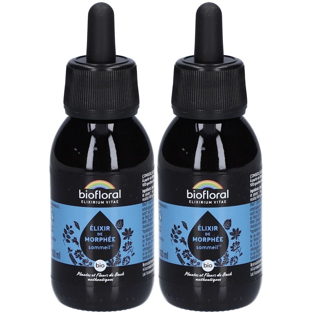 Deux flacons en verre noir avec pipettes noires. Étiquettes : "biofloral Elixir de Morphée sommeil" et le label Bio.