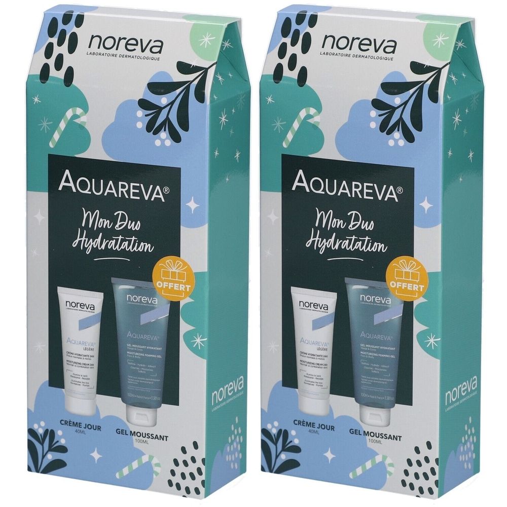 Deux coffrets cadeaux. Inscription Aquareva Mon Duo Hydratation. Contient deux tubes et le logo Noreva. Offre spéciale.