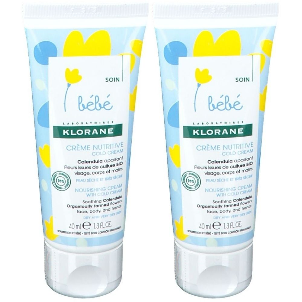 Deux tubes de crème Klorane Bébé. Tubes bleu clair avec fleurs jaunes. Inscription : Crème Nutritive Cold Cream. 40 ml.