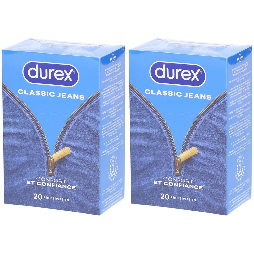 Deux boîtes de préservatifs Durex Classic Jeans. Motif jean bleu avec fermeture éclair. Inscription: CONFORT ET CONFIANCE. Contient 20 préservatifs.