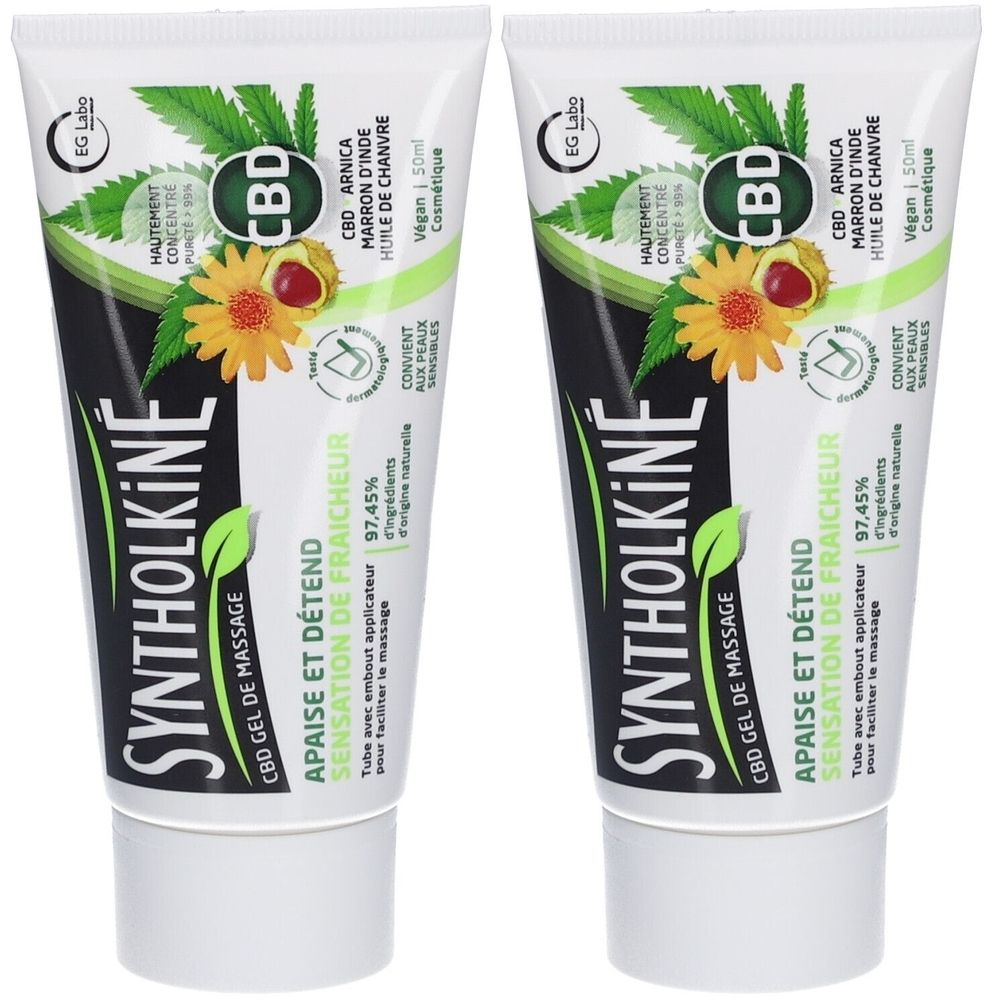 Deux tubes de Syntholkiné CBD Gel de Massage. Tubes blancs avec éléments verts et noirs. Texte et illustrations.