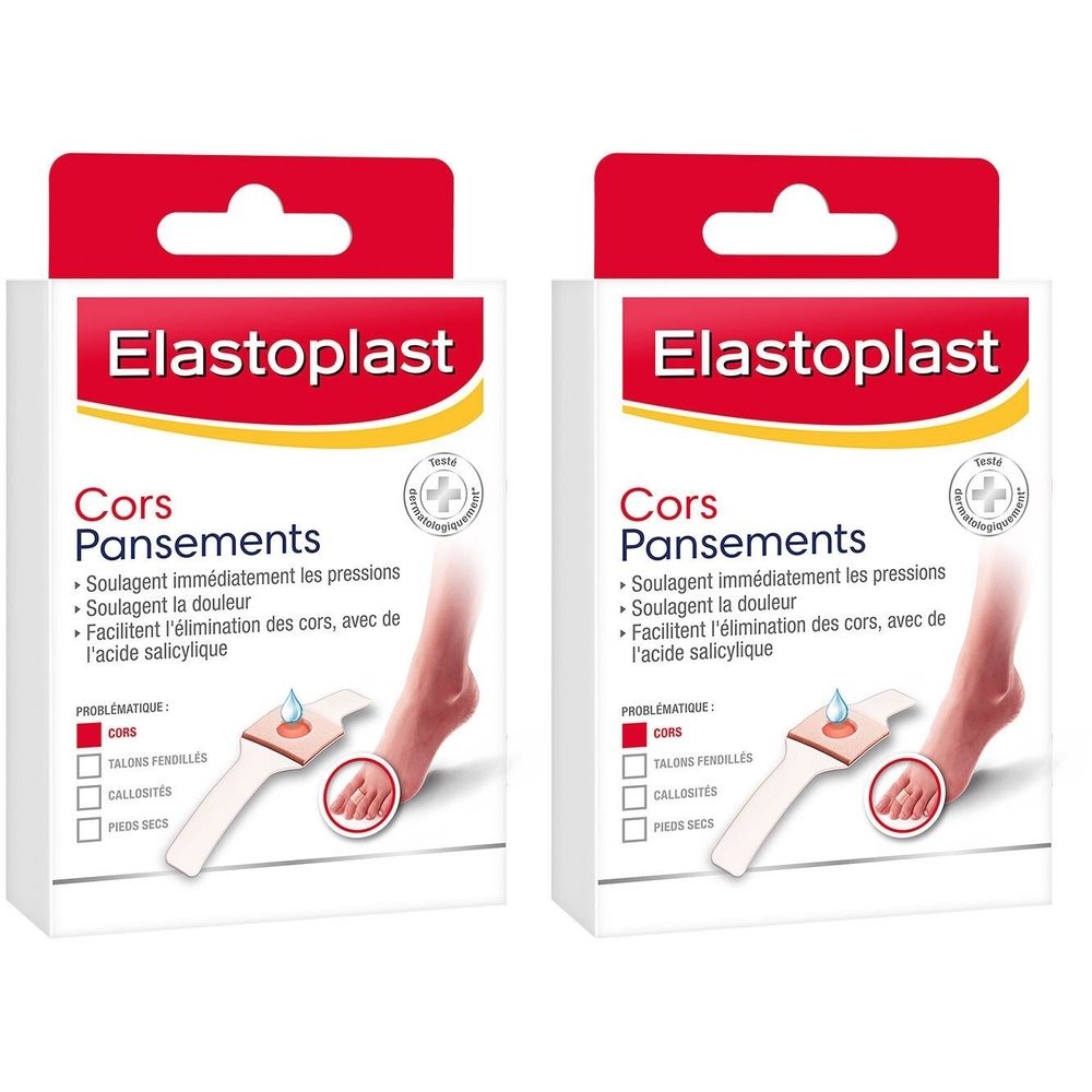 Deux boîtes de pansements Elastoplast Cors. Emballage blanc avec couvercle rouge. Texte: Elastoplast, Cors Pansements. Illustration d'un pied avec pansement.