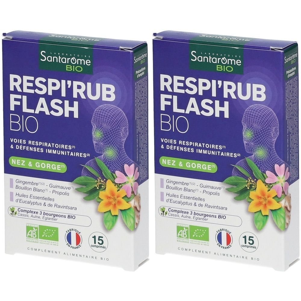 Deux boîtes rectangulaires avec le nom du produit RESPI'RUB FLASH BIO. Inscriptions : VOIES RESPIRATOIRES & DEFENSES IMMUNITAIRES, NEZ & GORGE. Avec le label AB.