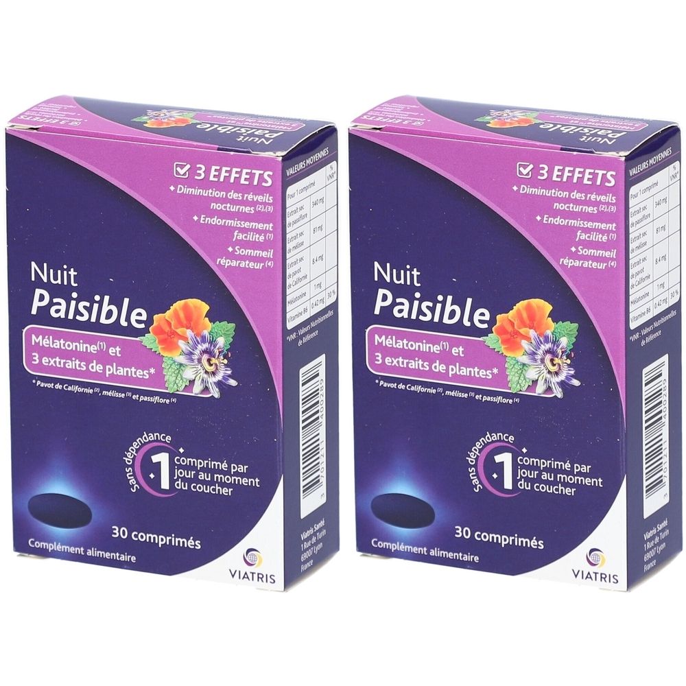 Deux boîtes de "Nuit Paisible". Emballage violet et blanc avec motif floral. Contient 30 comprimés. Marque Viatris.