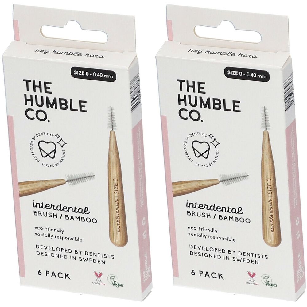 Deux boîtes de brossettes interdentaires The Humble Co. Taille 0-0,40 mm. Manche en bambou, poils. 6 pièces par boîte. Éco-responsable.
