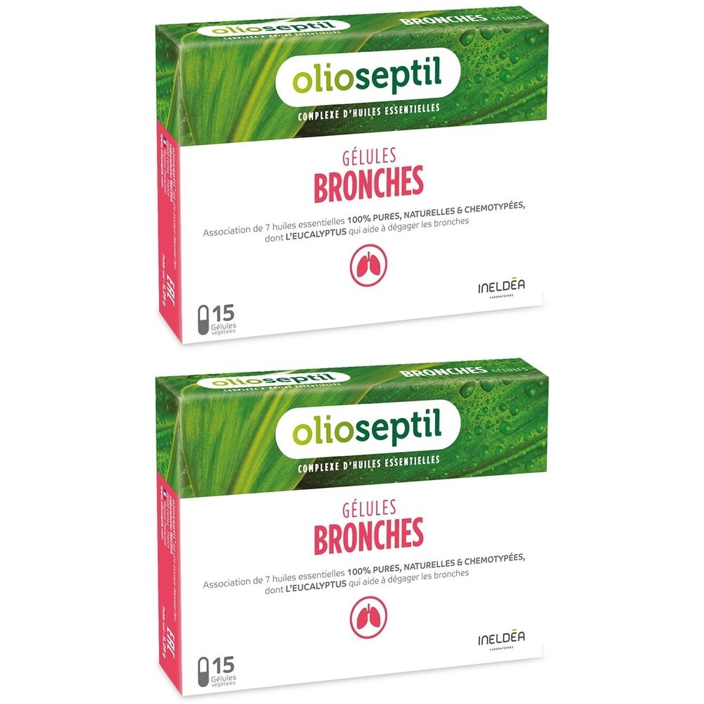 Deux boîtes de Gélules Bronches Olioseptil. Inscription : Gélules Bronches. 15 gélules par boîte.