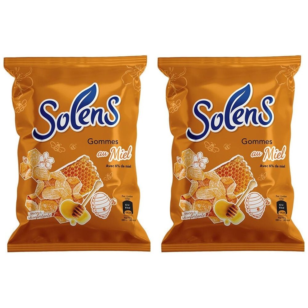 Deux paquets de Solens Gommes au Miel. Emballage orange avec illustration et texte. Illustration de rayon de miel.