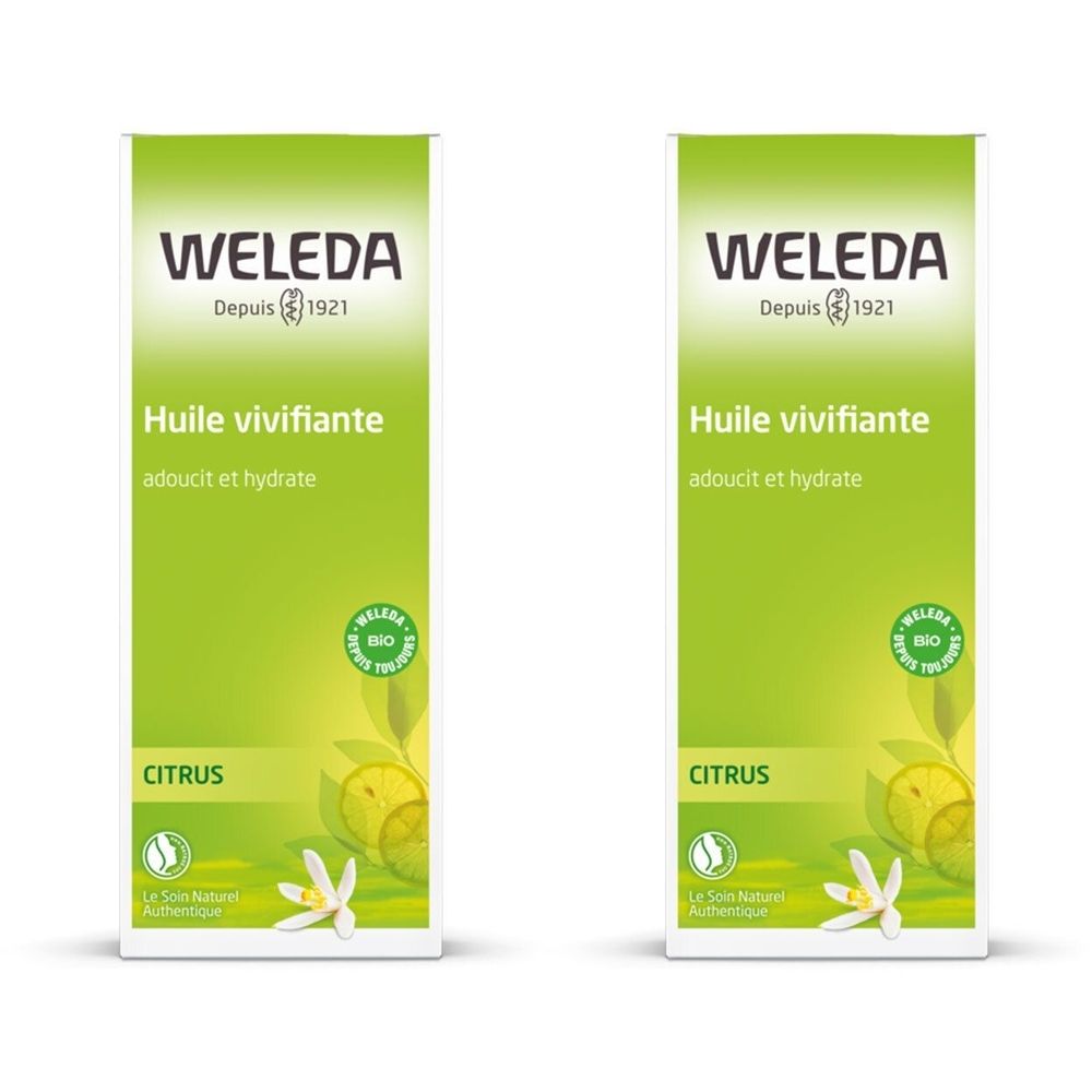 Deux emballages verts avec logo WELEDA et texte. Inscription : Huile vivifiante, Citrus, label bio. Fleurs blanches et citrons.