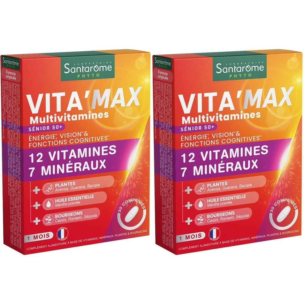 Deux boîtes de Santarome Vita'Max Multivitamines pour seniors. Inscription : 12 vitamines, 7 minéraux, 30 comprimés.