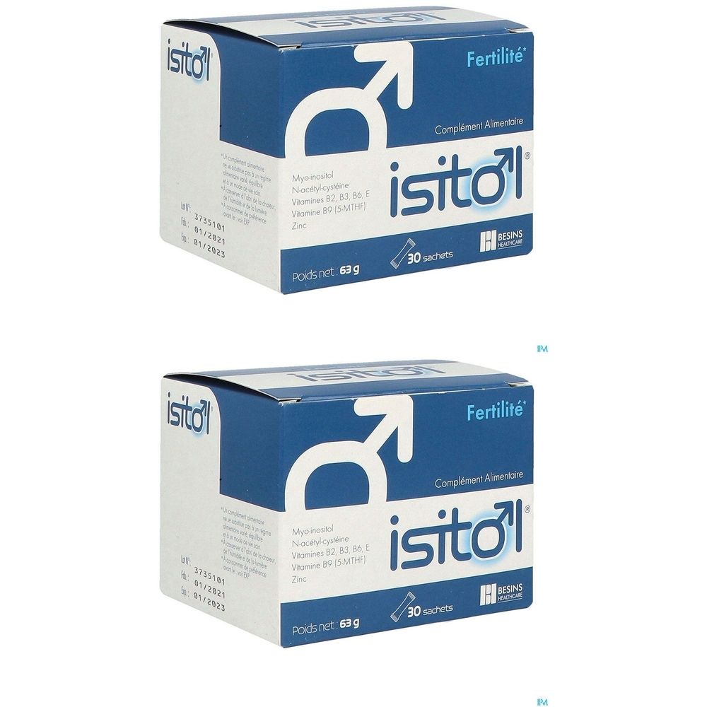 Deux boîtes bleues avec texte blanc. Inscription: isitol, Fertilité, 30 sachets. Symbole masculin.