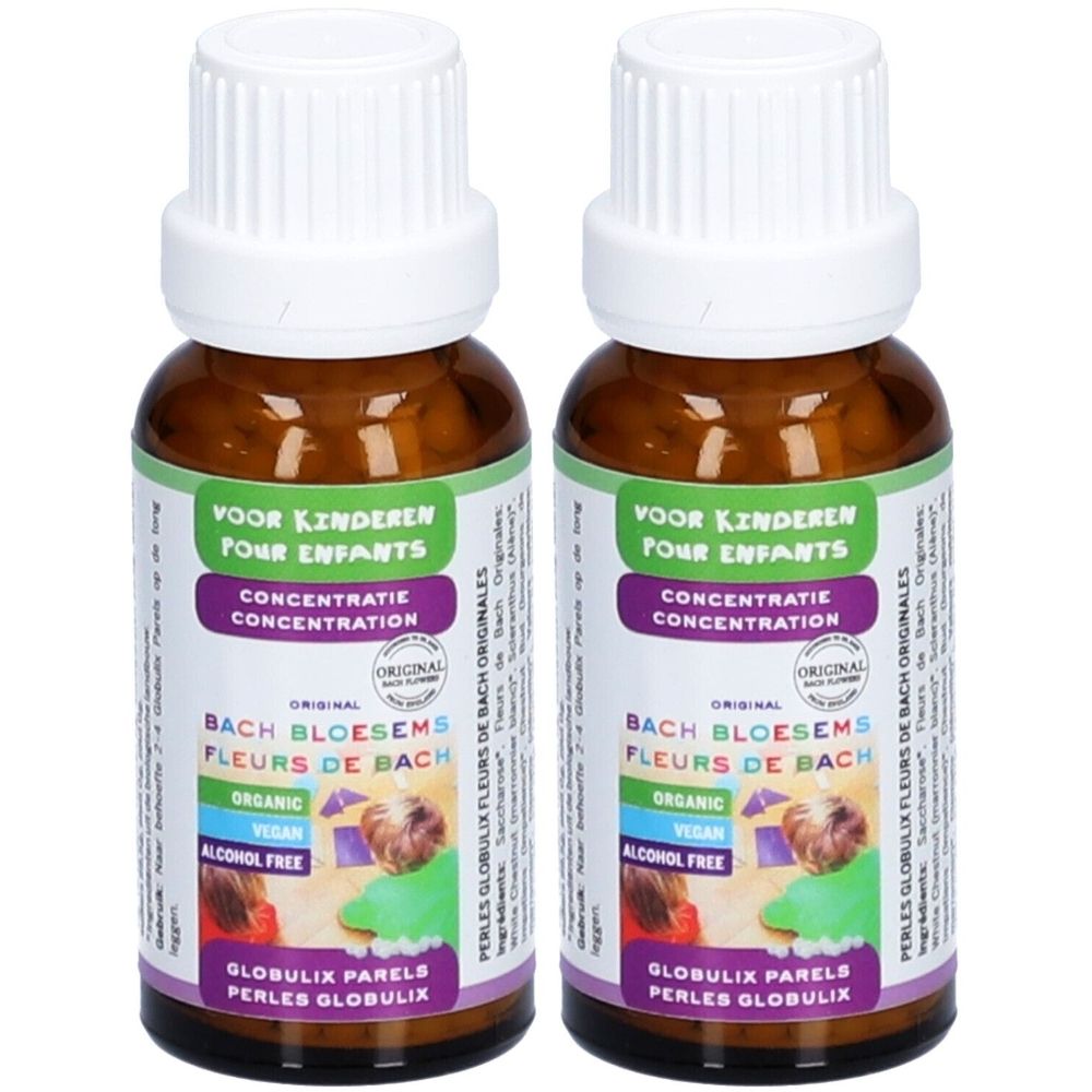 Deux flacons en verre brun avec bouchons blancs. Étiquettes avec texte: «VOOR KINDEREN POUR ENFANTS CONCENTRATIE CONCENTRATION».