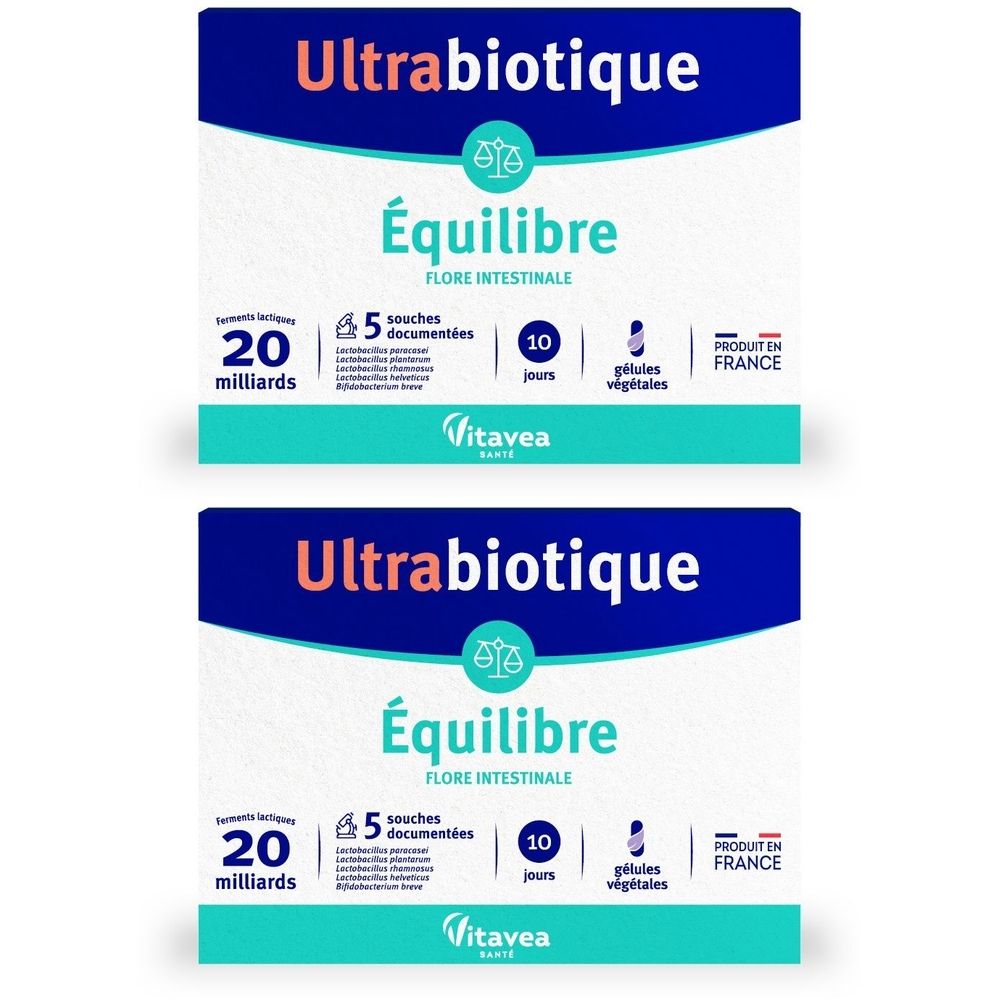 Deux boîtes d'Ultrabiotique. Emballage bleu et blanc avec nom et informations. Contient 20 milliards de bactéries.