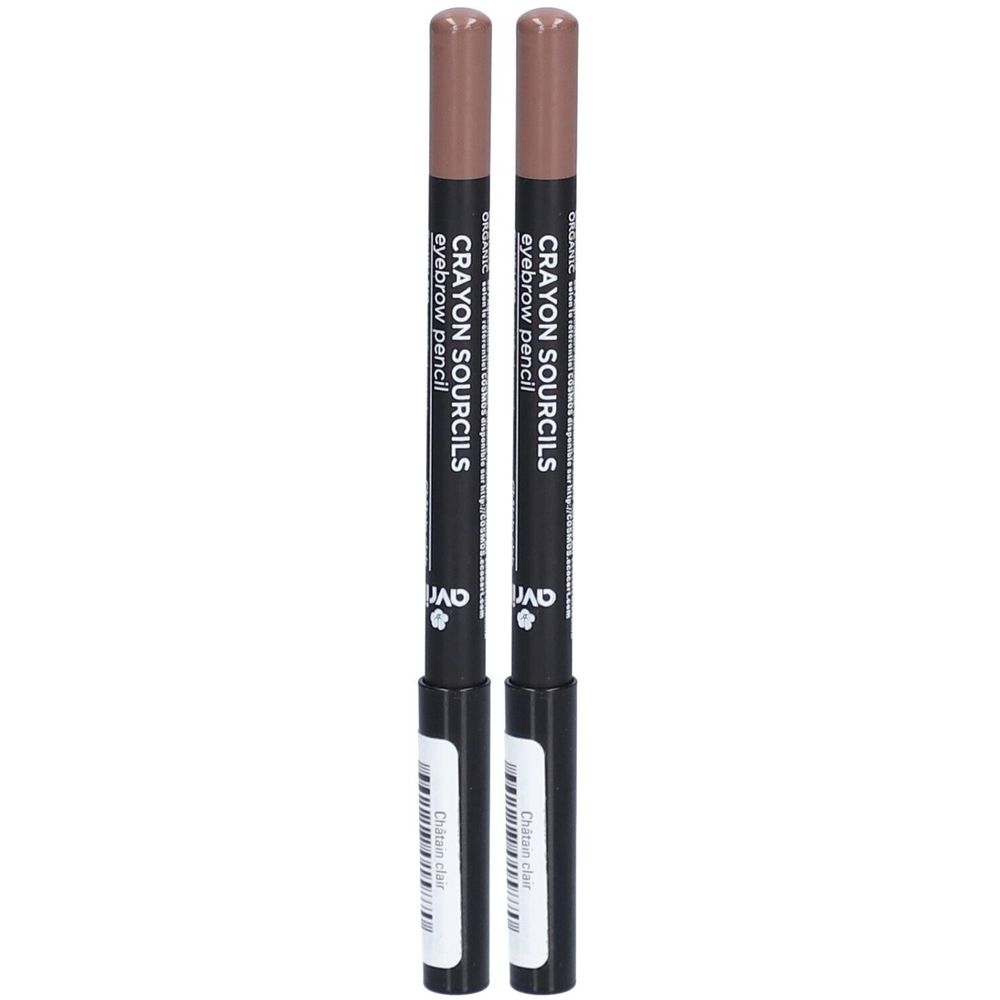 Deux crayons à sourcils. Bâtons noirs avec pointes marron clair. Inscription: Crayon Sourcils, Châtain Clair.