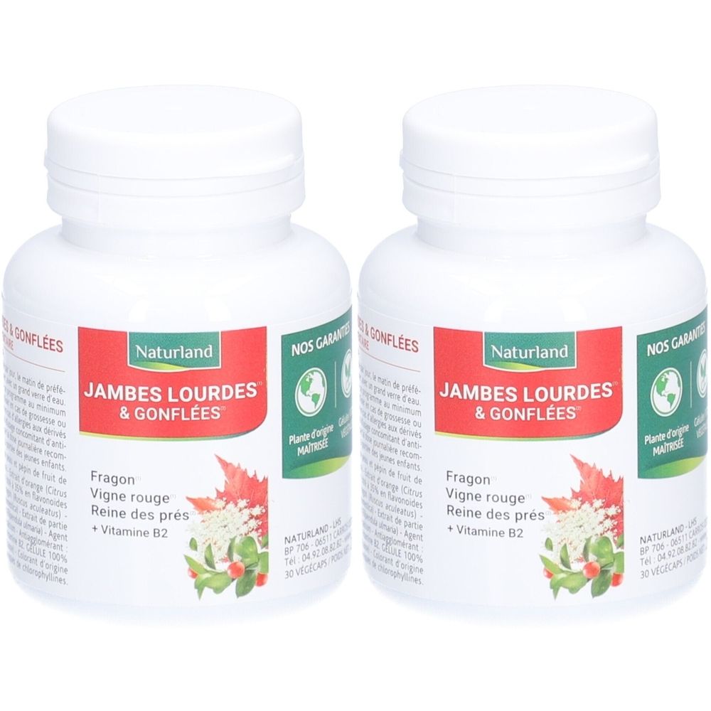 Deux flacons blancs avec bouchons à vis. L'étiquette indique "JAMBES LOURDES & GONFLÉES" et "Naturland".