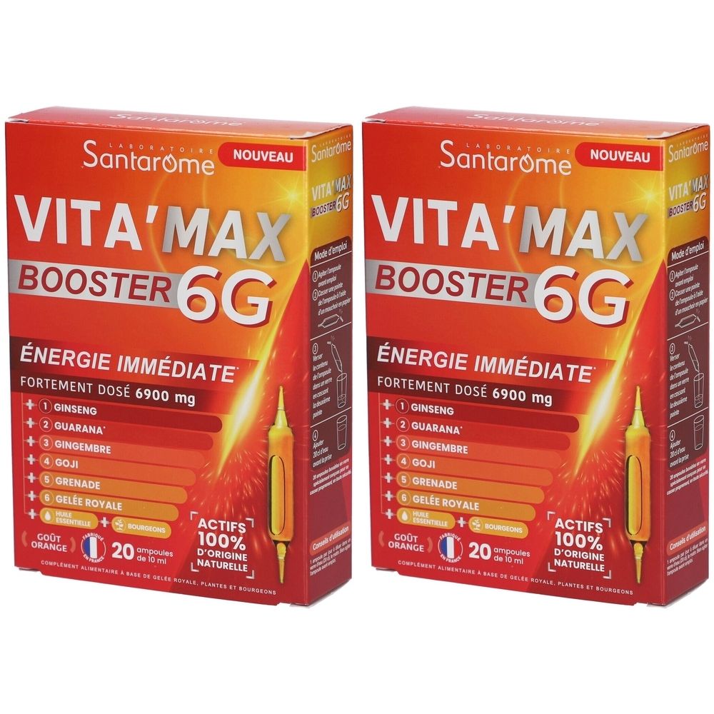 Deux boîtes de Santarome Vita'Max Booster 6G. Inscription: Énergie Immédiate, 20 ampoules. Emballage orange avec informations produit.