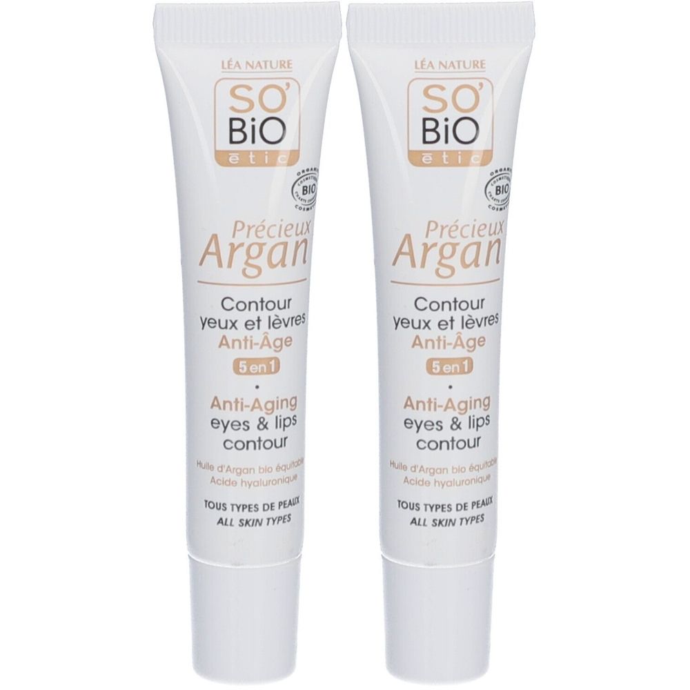 Deux tubes de contour des yeux et des lèvres SO BIO ETIC Précieux Argan. Blanc, texte marron. Anti-âge 5 en 1.