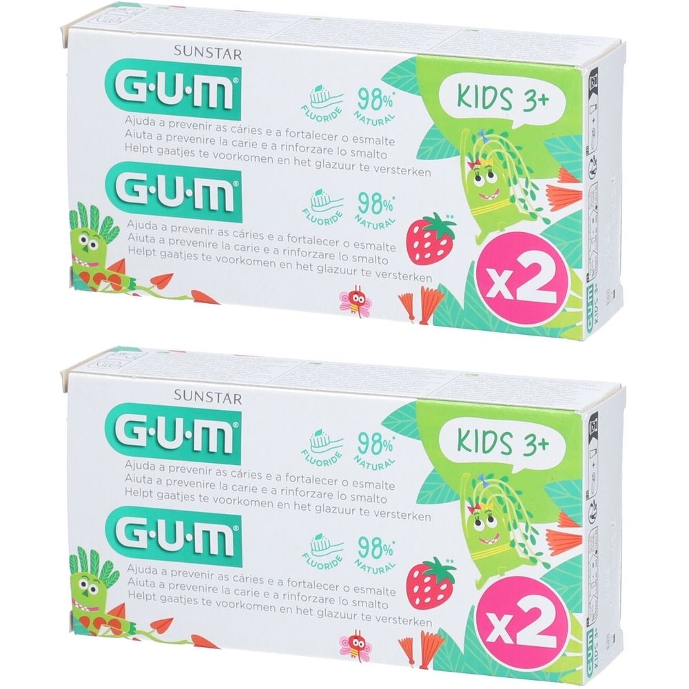 Deux boîtes de gel dentifrice GUM Kids 3+. Emballage blanc avec éléments verts et roses. Inscriptions : GUM, SUNSTAR, KIDS 3+, x2.
