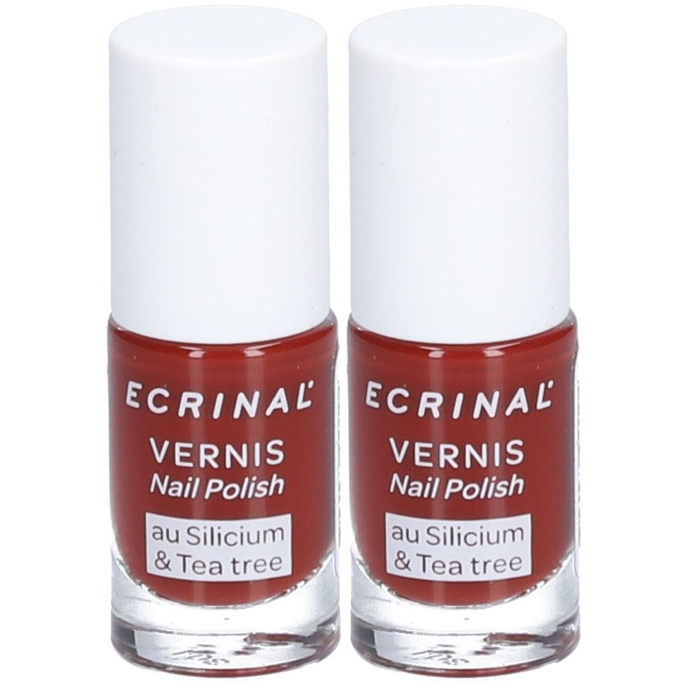 Deux flacons de vernis à ongles. Vernis rouge, bouchon blanc. Inscription: ECRINAL VERNIS Nail Polish au Silicium & Tea tree.