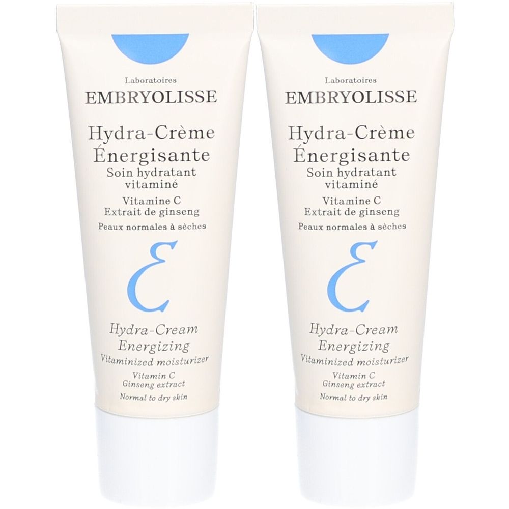 Deux tubes de crème. Inscription: EMBRYOLISSE Hydra-Crème Energisante. Contient de la vitamine C et de l'extrait de ginseng. Pour peaux normales à sèches.