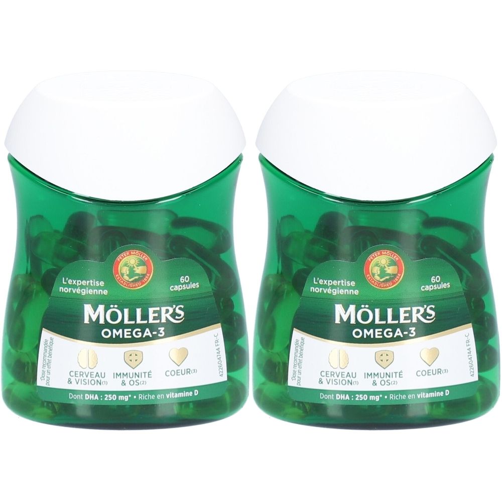 Deux flacons verts de gélules Omega-3. Inscription : Möller's Omega-3, 60 capsules. Contient DHA et vitamine D.