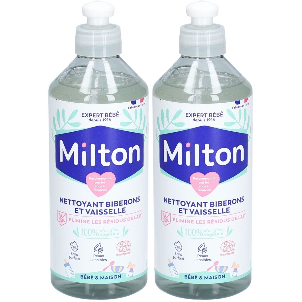 Deux flacons de nettoyant liquide Milton. Flacons blancs avec étiquette bleu et blanc. Texte : Milton, nettoyant biberons et vaisselle. Avec pompe.