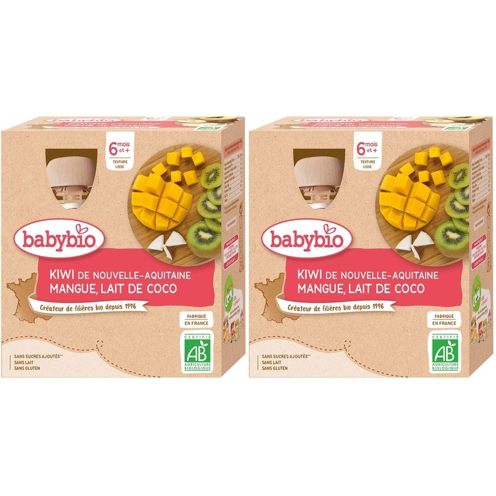 Deux boîtes en carton carrées. Sur chaque boîte : logo, nom du produit, illustration de kiwi et mangue. Certification AB bio.