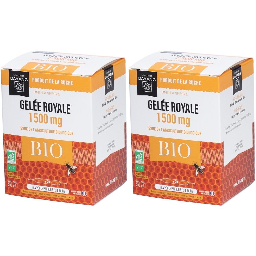 Deux boîtes de Gelée Royale 1500 mg. Inscription BIO, DAYANG, produit de la ruche. Motif nid d'abeilles.