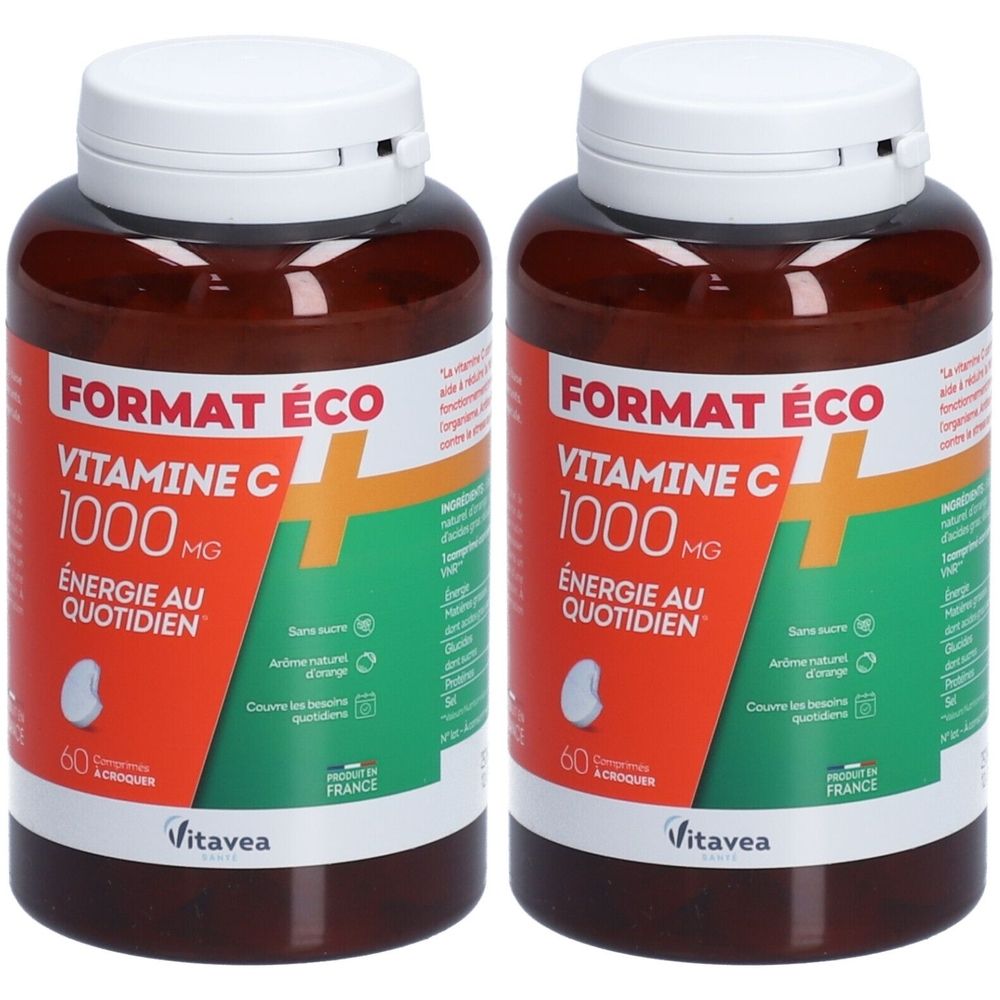 Deux flacons de Vitamine C 1000 mg. Format Éco. Inscription : ÉNERGIE AU QUOTIDIEN. Marque : Vitavea. Contient 60 comprimés à croquer. Fabriqué en France.
