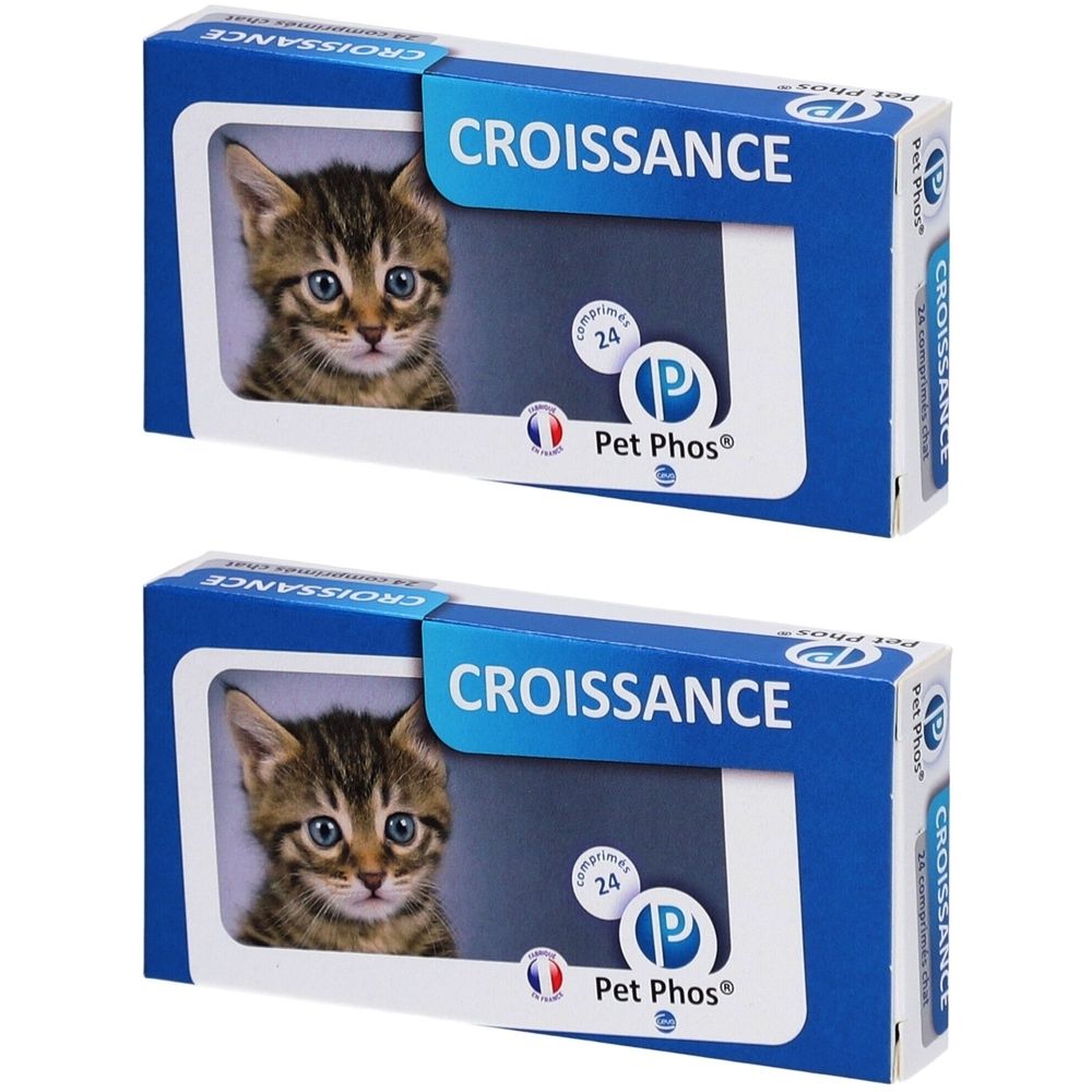 Deux boîtes bleues avec chatons. Inscription "CROISSANCE" et "Pet Phos®". Contient 24 comprimés.