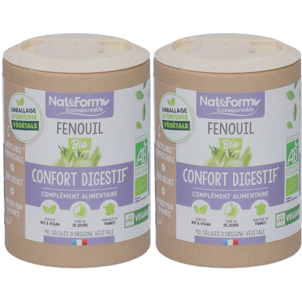 Deux boîtes cylindriques avec couvercles. Inscription : Nat&Form, Fenouil Bio, Confort Digestif. Emballage d'origine végétale.