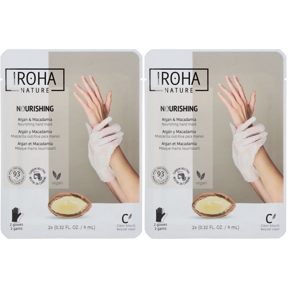 Deux paquets de masque pour les mains. Sur chaque paquet, une main gantée de blanc. Texte : IROHA NATURE, Nourishing.