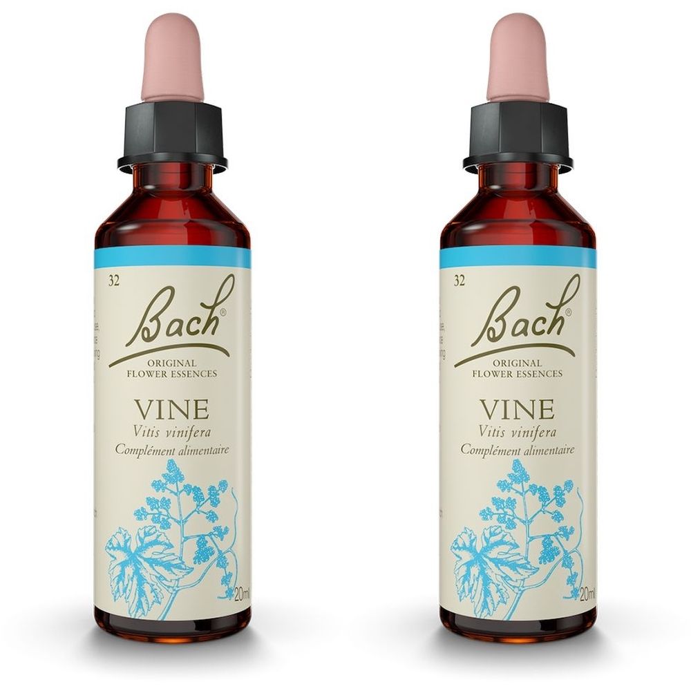 Deux flacons en verre brun avec compte-gouttes. Inscription : Bach Original Flower Essences, Vine, Vitis vinifera. Illustration bleue.
