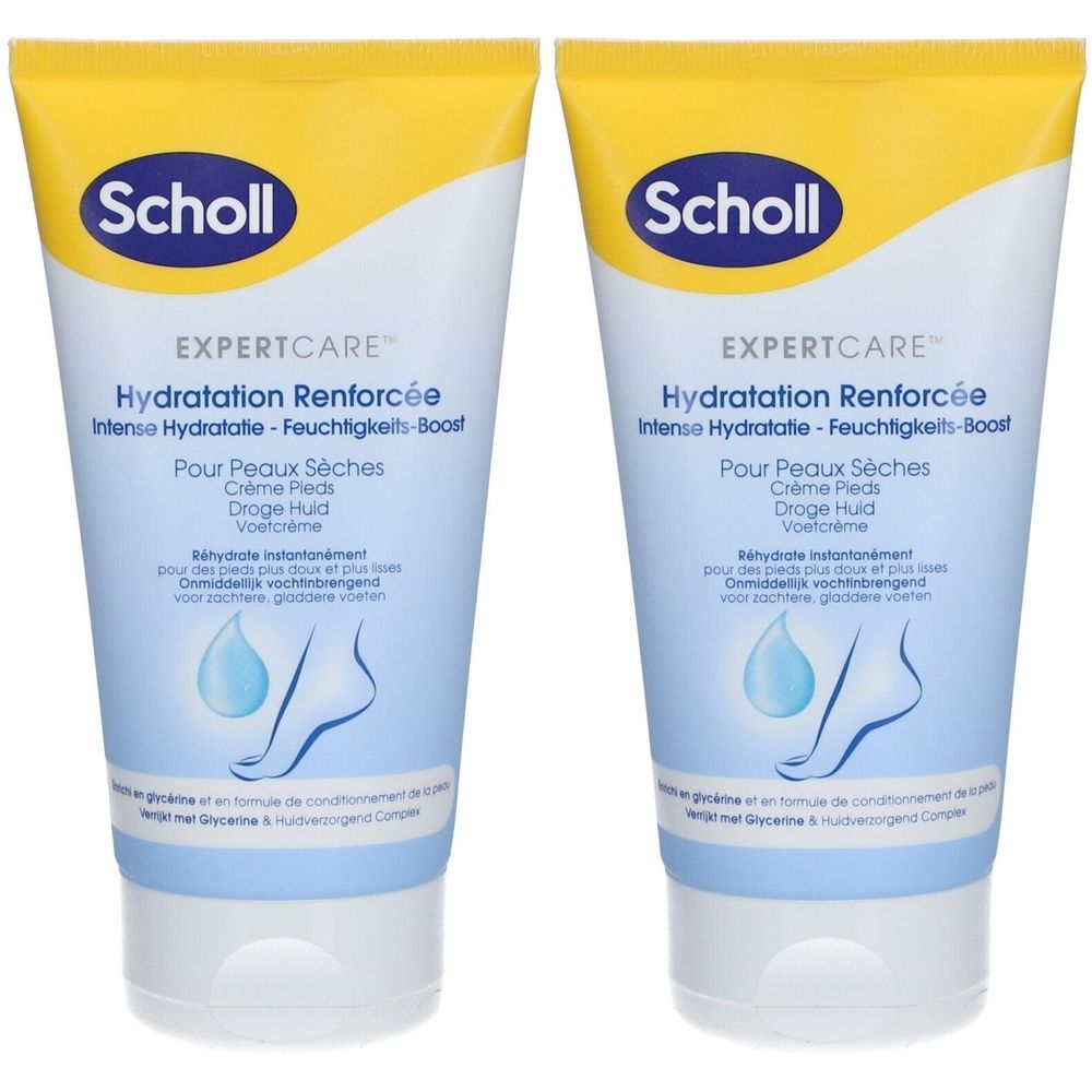 Deux tubes de crème pour les pieds Scholl. Tubes blancs et bleus avec bouchon jaune. Inscription : EXPERTCARE, Hydratation Renforcée, Pour Peaux Sèches.